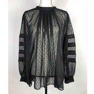 Ann Taylor Black Sheer Swiss Dot Peasant Blouse